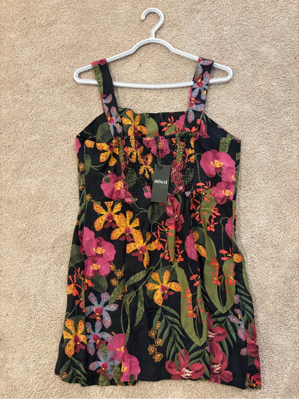 mixed Floral Black Mini Dress with Pink & Yellow Botanicals